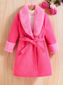 SHEIN Young Girl 1pc Borg Collar Belted Overcoat - Hot Pink - View 1