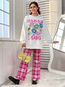 SHEIN EZwear Plus Floral & Letter Graphic Drop Shoulder Sweatshirt - White - View 6