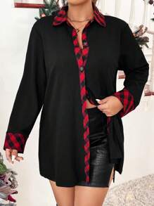 SHEIN LUNE Hơn In kẻ sọc Buffalo Nút phía trước áo - màu đen - Xem 1