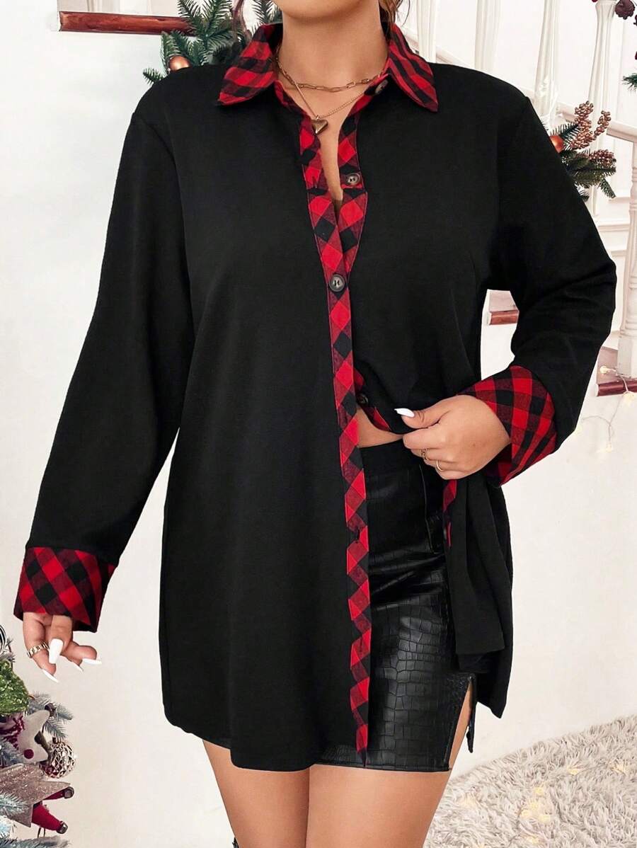 SHEIN LUNE Hơn In kẻ sọc Buffalo Nút phía trước áo - màu đen - Xem 1