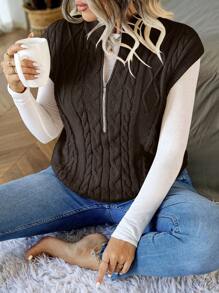 Calvaya 1入組大碼前拉鍊麻花編織毛衣背心 - 咖啡棕 - 查看 1