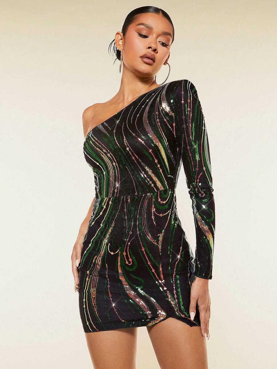SHEIN BAE Christmas One Shoulder Sequin Bodycon Dress