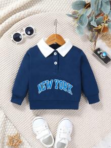 Baby Girl Letter Graphic Contrast Collar Sweatshirt - Khaki - View 1