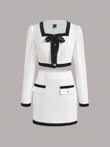 SHEIN Unity Contrast Trim Bow Front Crop Jacket & Skirt - White - View 1