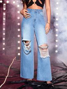 Ripped Wide Leg Jeans - Medium Wash - View 5