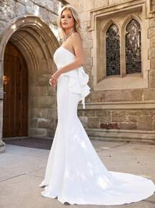 Ruffle Trim Mermaid Hem Tube Wedding Dress - White - View 4