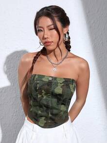 SHEIN EZwear Camo Print Tube Denim Top - Multicolor - View 5