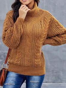 CILKOO Turtleneck Cable Knit Drop Shoulder Sweater - Yellow - View 3