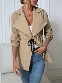 SHEIN Essnce 大翻領腰部抽繩捲邊袖外套 - 杏色 - 查看 1