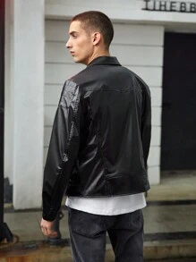 SWAVVY Nam Quá lớn Thả vai chất liệu da PU Áo khoác moto - màu đen - Xem 2