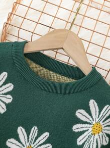 SHEIN 女大童花卉圖案荷葉邊套頭毛衣和荷葉擺半身裙 - 綠色 - 查看 3