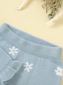 Bebé niña Cárdigan con patrón floral ribete con fruncido de manga raglán con pantalones tejidos - Azul - Ver 10