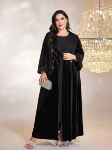 Al Najma Abaya larga de manga larga, modesta, de terciopelo, con detalle de flecos con strass y apertura frontal