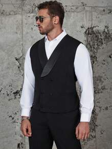 Manfinity 男士大码青果領雙排釦馬甲無襯衫 - 黑色 - 查看 3