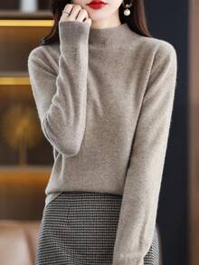100% Merino Wool Women's Sweater Soft Warm Mock Neck Pullover Fall Winter Sweater One-Line Seamless Sweater
