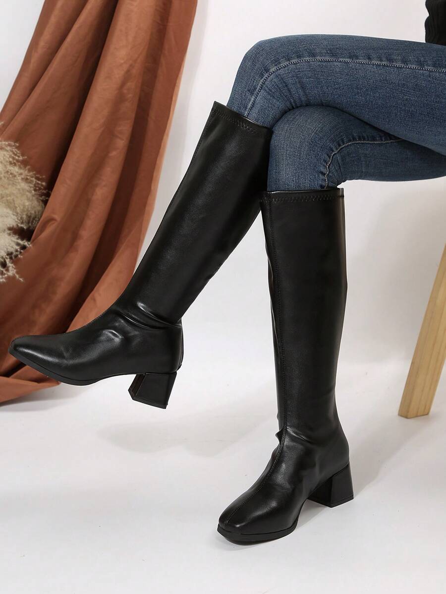 Women's Black Chunky Heel Kneehigh Boots, High Heel Black Long Boots