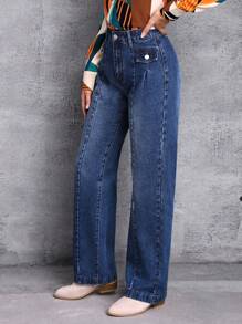 SHEIN LUNE High Waist Straight Leg Jeans - Blue - View 6