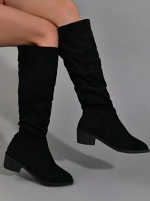 女性素色粗跟黑色靴子,時尚一腳蹬正式靴子,女性居家舒適靴子 - 黑色 - 查看 1