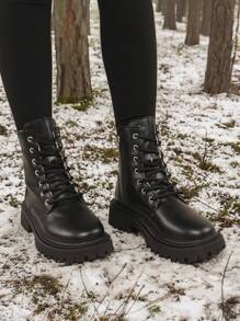 女式圓頭中筒綁帶雪靴,戶外冬季黑色雪靴,pu皮革和加厚絨毛內裡 - 黑色 - 查看 2