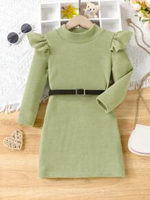 SHEIN 女小童荷葉邊小高領洋裝附腰帶 - 綠色 - 查看 1