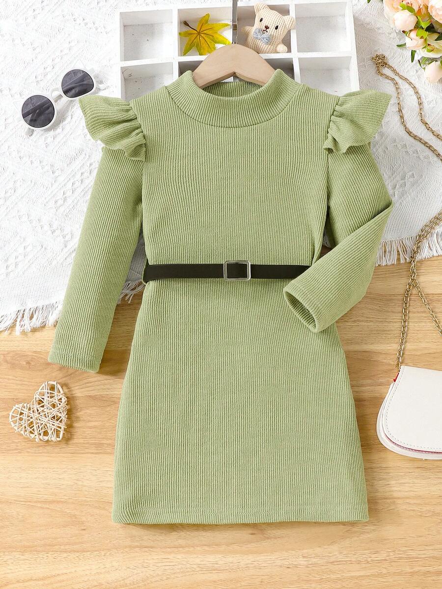 SHEIN 女小童荷葉邊小高領洋裝附腰帶 - 綠色 - 查看 1