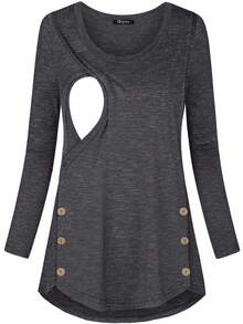 Maternity Button Detail Nursing Detail Curved Hem Tee - Dark Grey - View 3