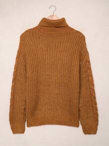CILKOO Turtleneck Cable Knit Drop Shoulder Sweater - Yellow - View 6
