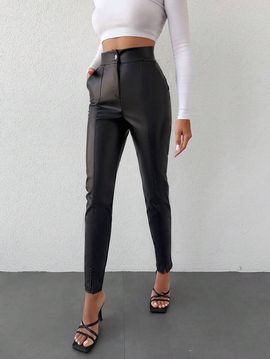 EURMUSE Split Hem PU Leather Pants - Black - View 1