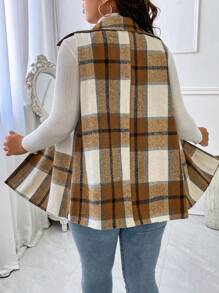 Plus Plaid Print Vest Overcoat, For Winter Fall Autumn - Mocha Brown - View 2
