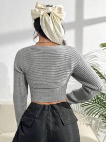 Flirla Ribbed Knit Crop Cardigan & Tube Top Fall Cloth For Women - Light Grey - View 2