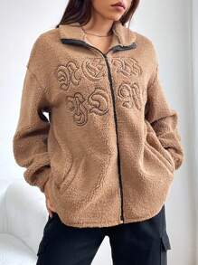 SHEIN Unity Letter Embroidery Drop Shoulder Teddy Jacket - Apricot - View 4