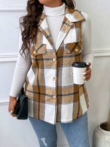 Plus Plaid Print Vest Overcoat, For Winter Fall Autumn - Mocha Brown - View 1