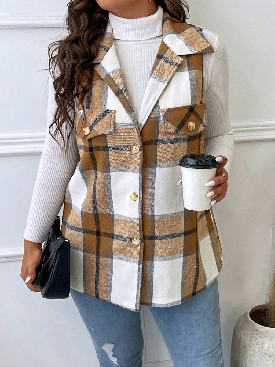 Plus Plaid Print Vest Overcoat, For Winter Fall Autumn - Mocha Brown - View 1