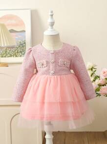 Baby Girl Button Front Mesh Hem Dress - Pink - View 1