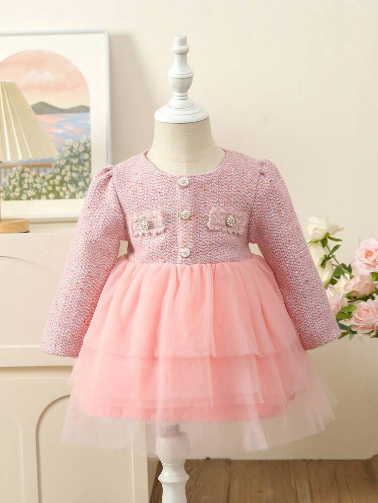 Baby Girl Button Front Mesh Hem Dress