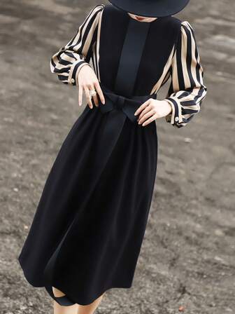Striped Print Puff Sleeve Bow Front Dress