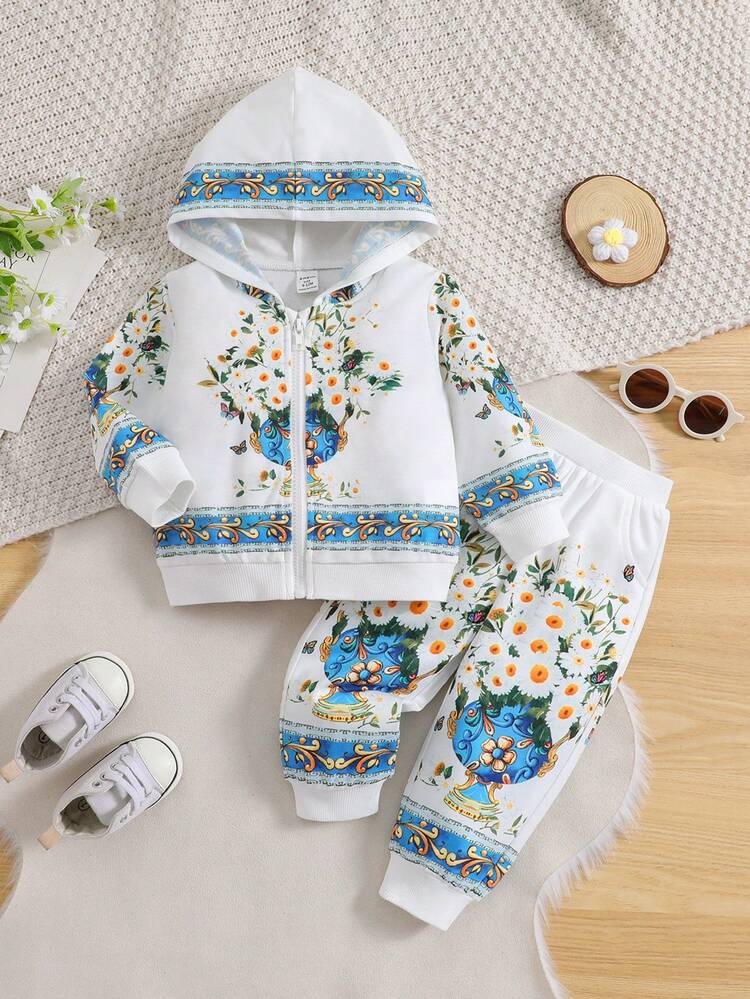 Baby Boy Floral Print Zip Up Hoodie & Sweatpants