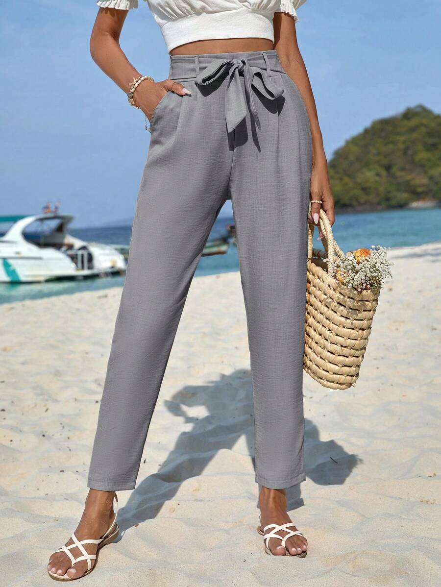 EURMUSE Solid Belted Carrot Pants - Light Grey - View 1