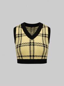 SHEIN Unity Plaid Pattern Sweater Vest - Yellow - View 1