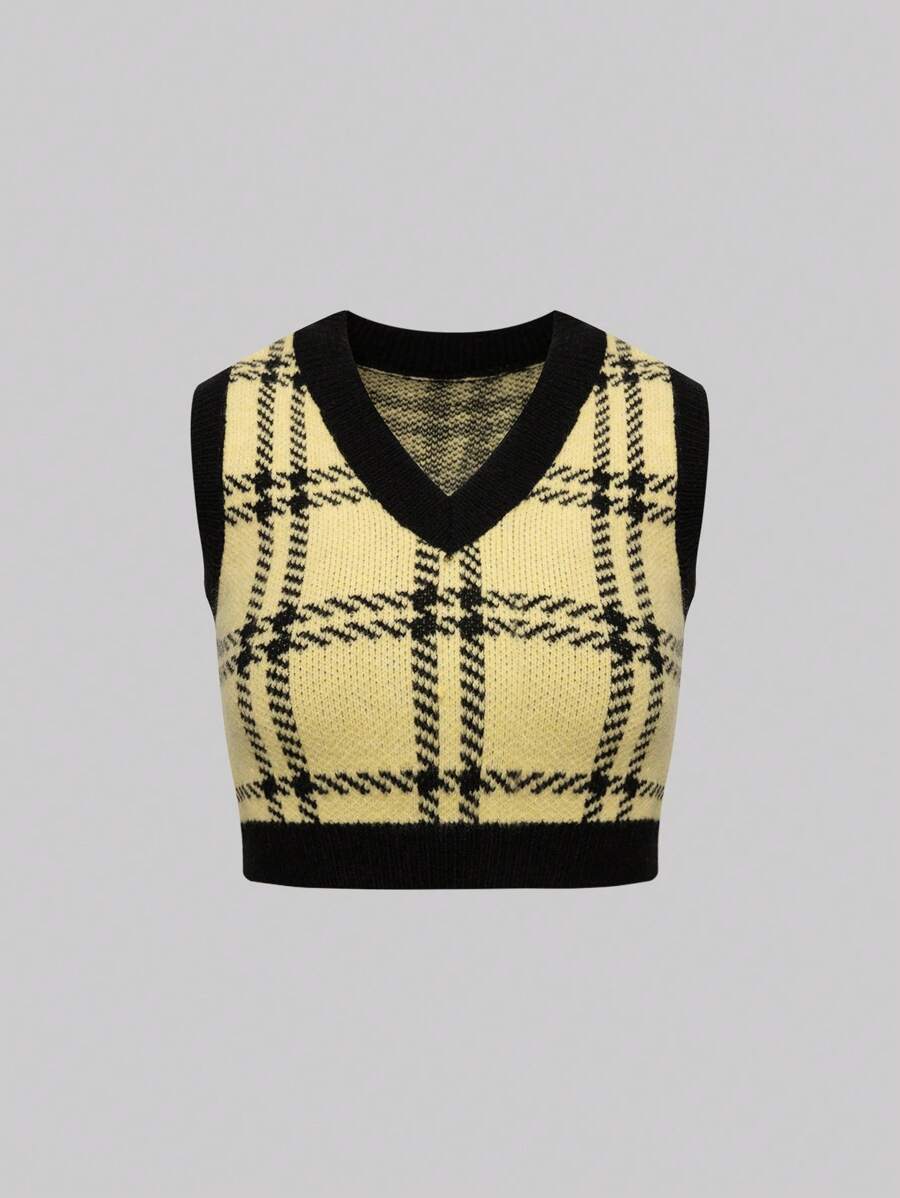 SHEIN Unity Plaid Pattern Sweater Vest - Yellow - View 1