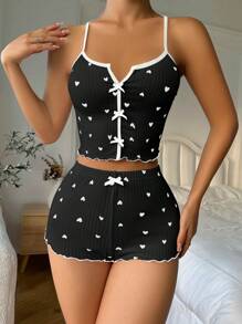 Heart Print Contrast Binding Bow Front PJ Set / Pajama Set - Black - View 5