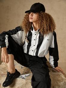 In My Nature 字母圖案撞色防風夾克 - 黑與白 - 查看 9