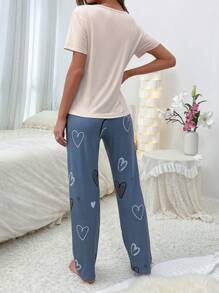 Heart Print Tee & Pants PJ Set / Pajama Set - Multicolor - View 2