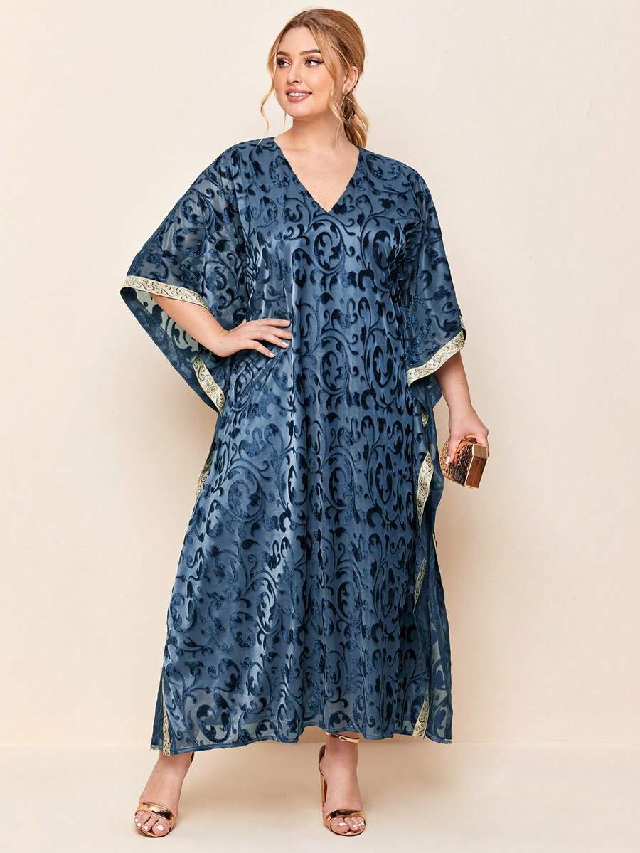 Kaftán Con Estampado Completo De Talla Grande Y Encaje De Contraste - Azul - Ver 1
