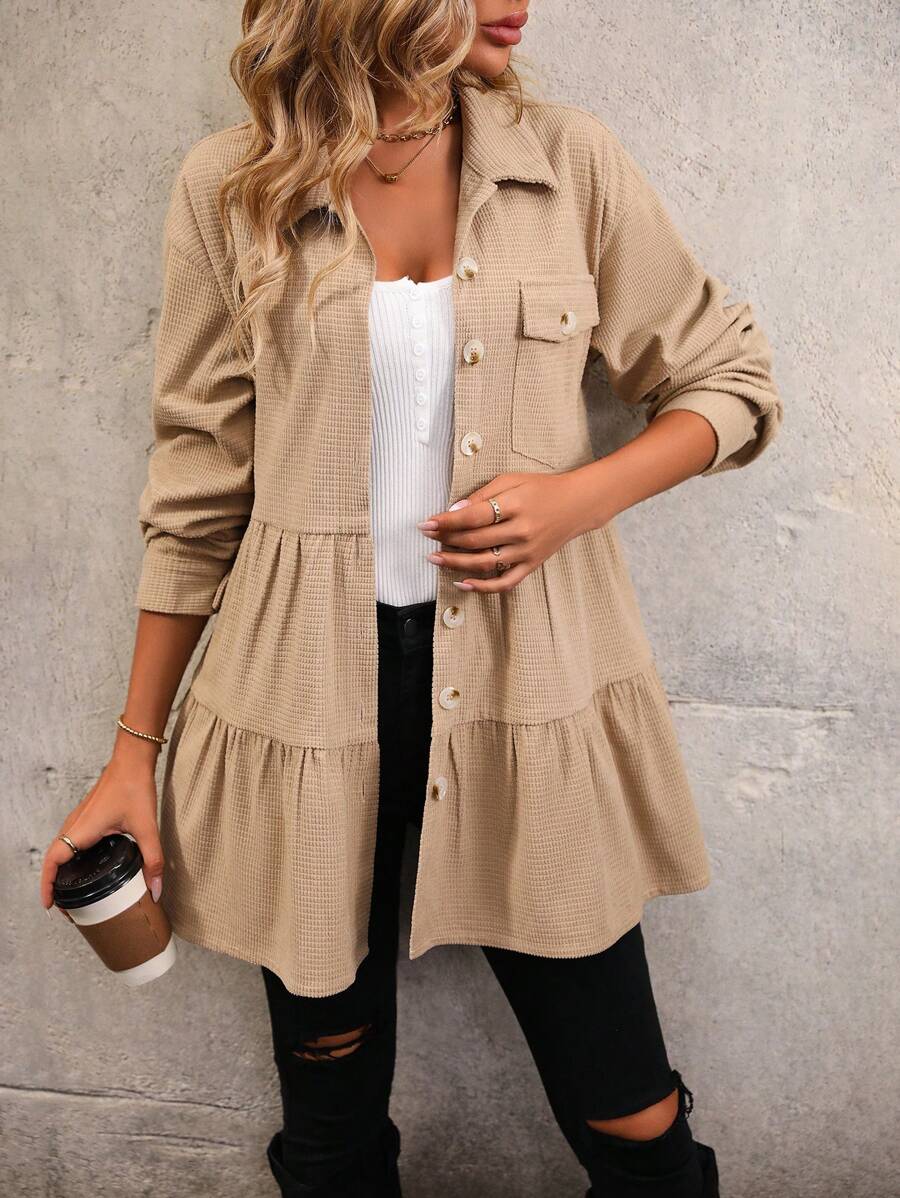 SHEIN Unity 翻蓋口袋前紐扣荷葉邊外套 - 卡其色 - 查看 1