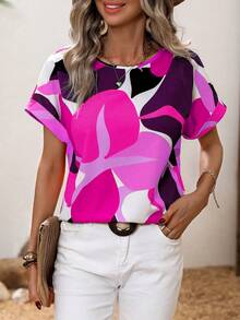 SHEIN Clasi Allover Print Batwing Sleeve Blouse - Hot Pink - View 6
