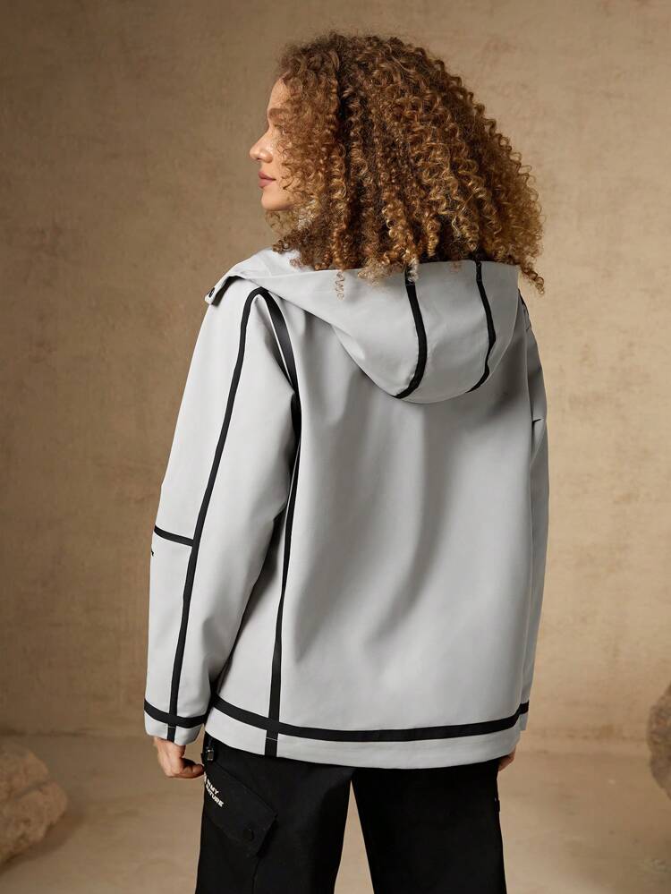 1pc Contrast Piping Zip Up Hooded Outdoor Insulated Jacket