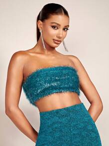 SHEIN BAE Trang trí Fuzzy Áo Tube Crop - Màu xanh lam - Xem 4