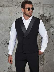 Manfinity 男士大码青果領雙排釦馬甲無襯衫 - 黑色 - 查看 4