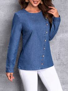 SHEIN LUNE Roll Tab Sleeve Button Detail Denim Top - Blue - View 6